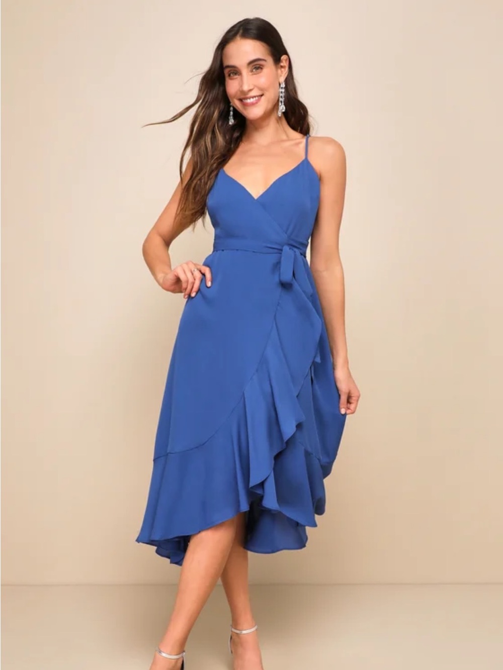 Lulu's Cobalt Wrap High-Low Ruffle Dress - Picture 2 of 4